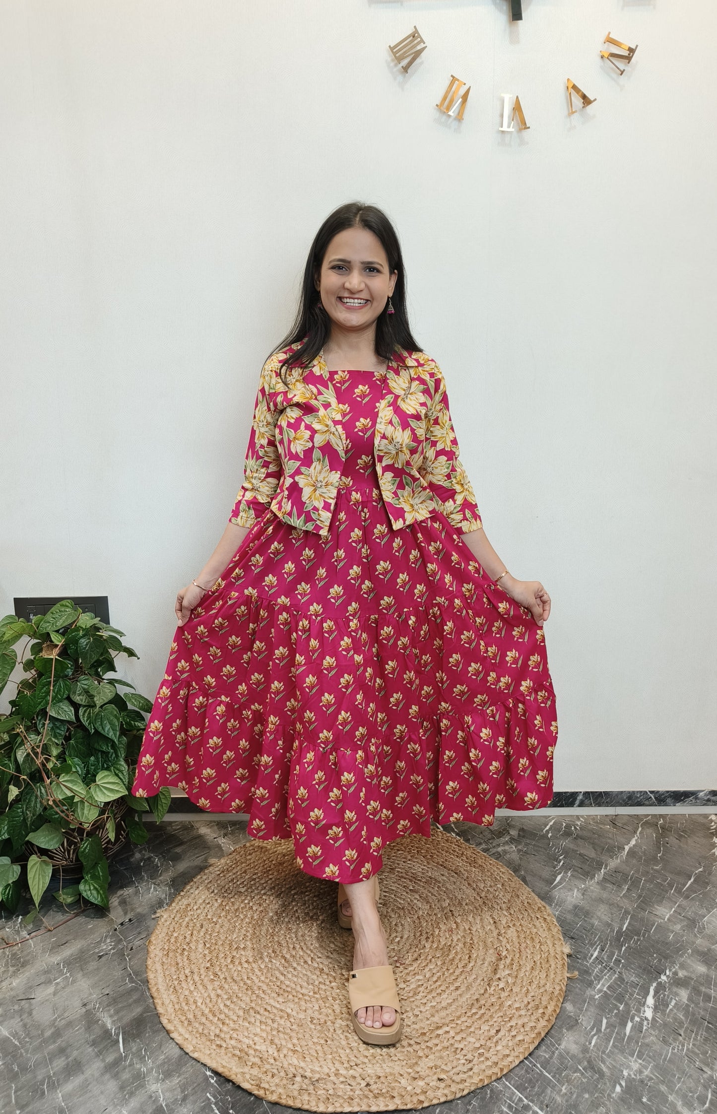 "Stuti" Floral Cotton Dress with Printed Jacket