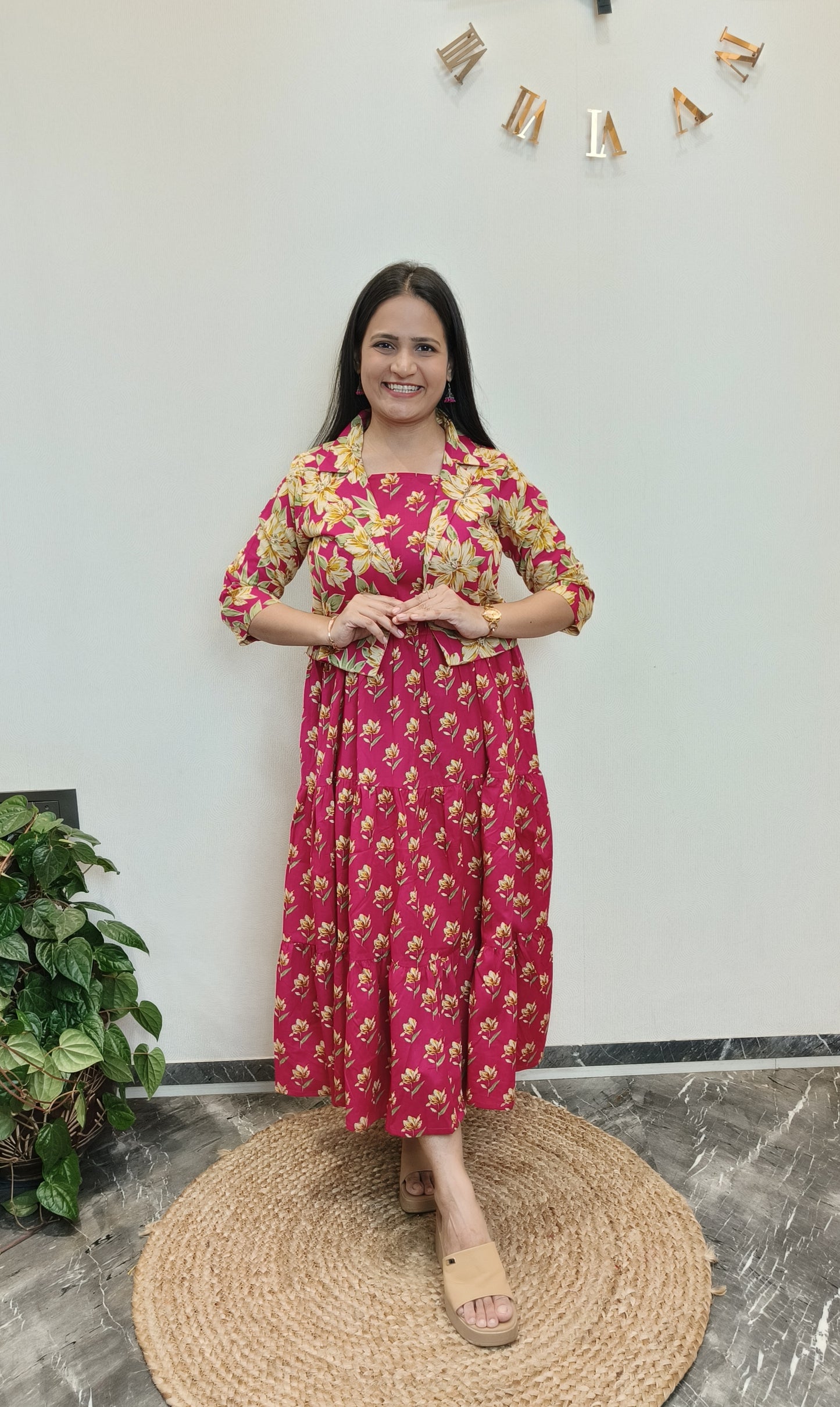 "Stuti" Floral Cotton Dress with Printed Jacket