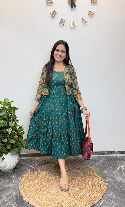 "Swara" Floral Cotton Dress with Printed Jacket