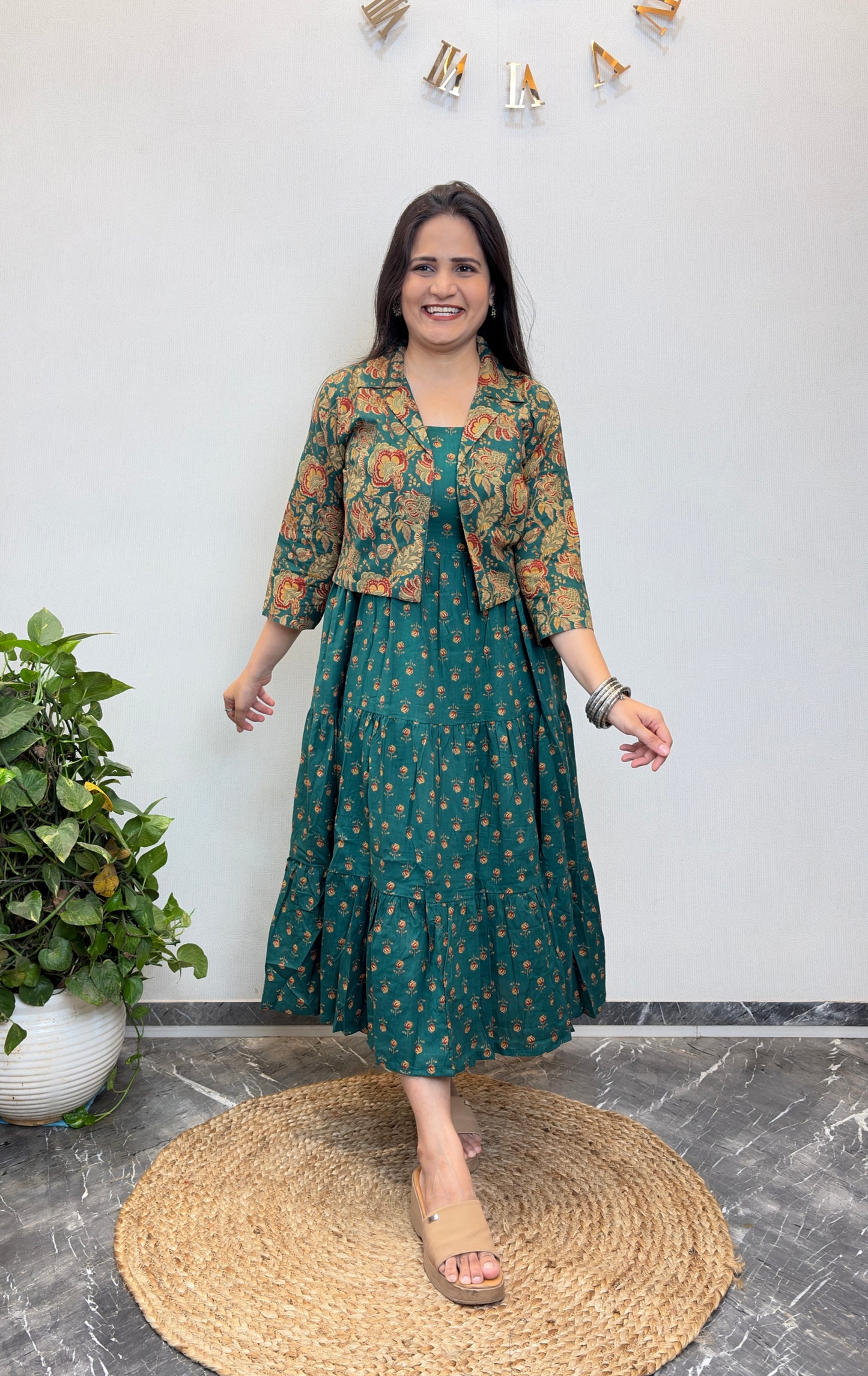 "Swara" Floral Cotton Dress with Printed Jacket