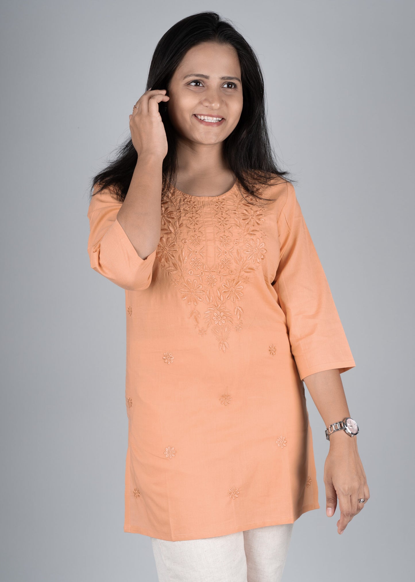 Tan Orange Chikankari Short Kurta