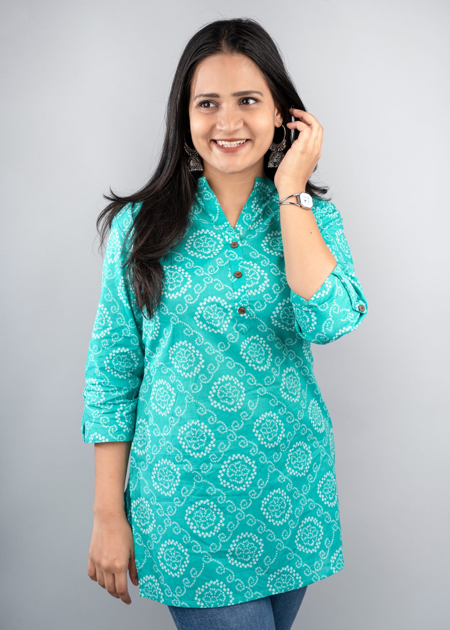 Teal colour bandhani print short kurta