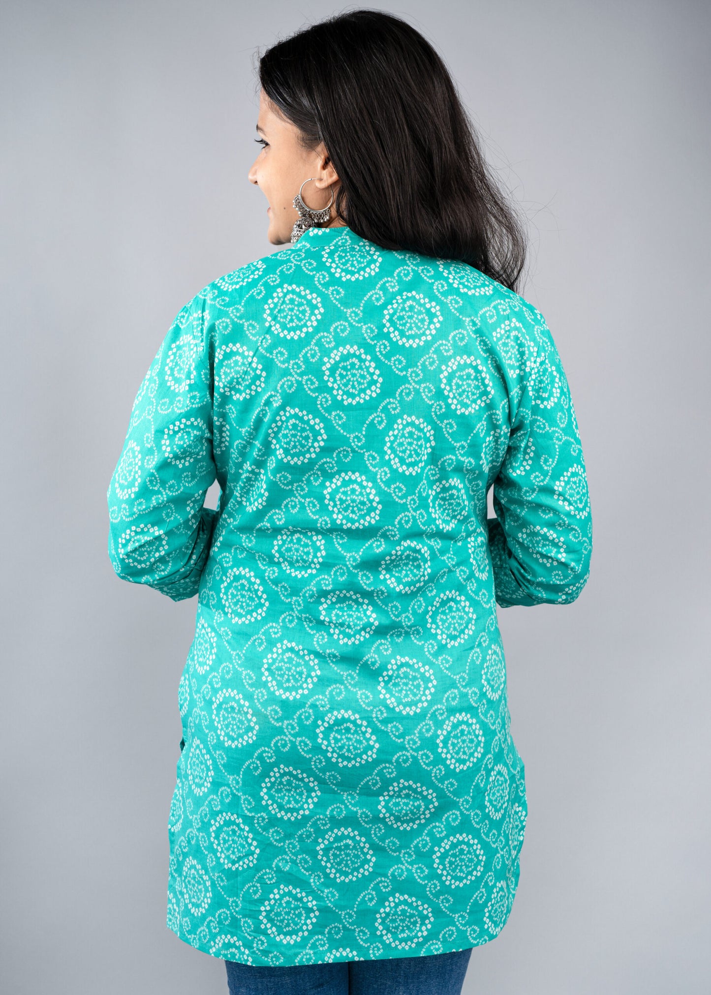 Teal colour bandhani print short kurta