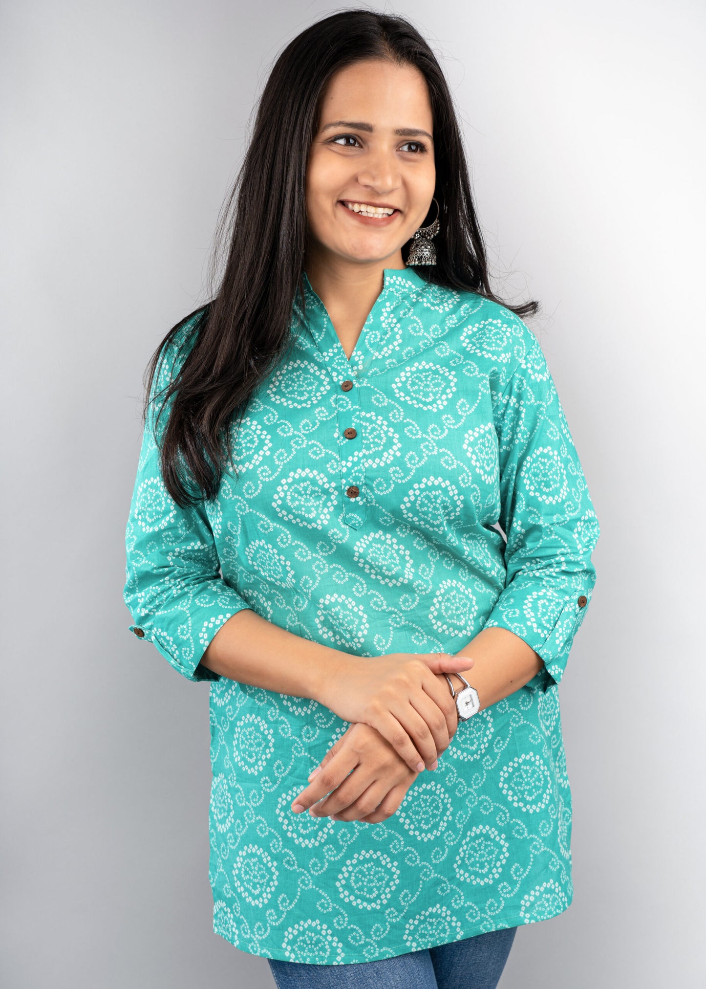 Teal colour bandhani print short kurta