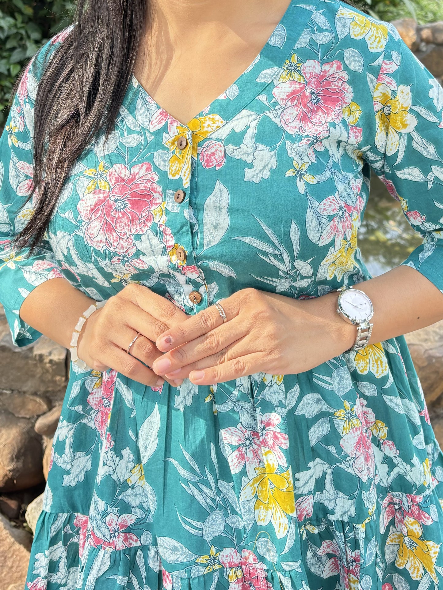 Teal Colour Floral Tunic Top with Pockets