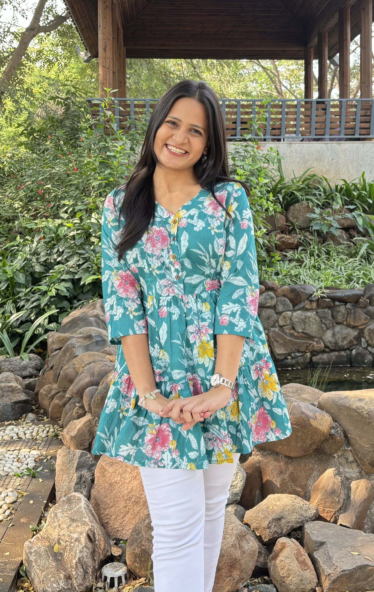 Teal Colour Floral Tunic Top with Pockets
