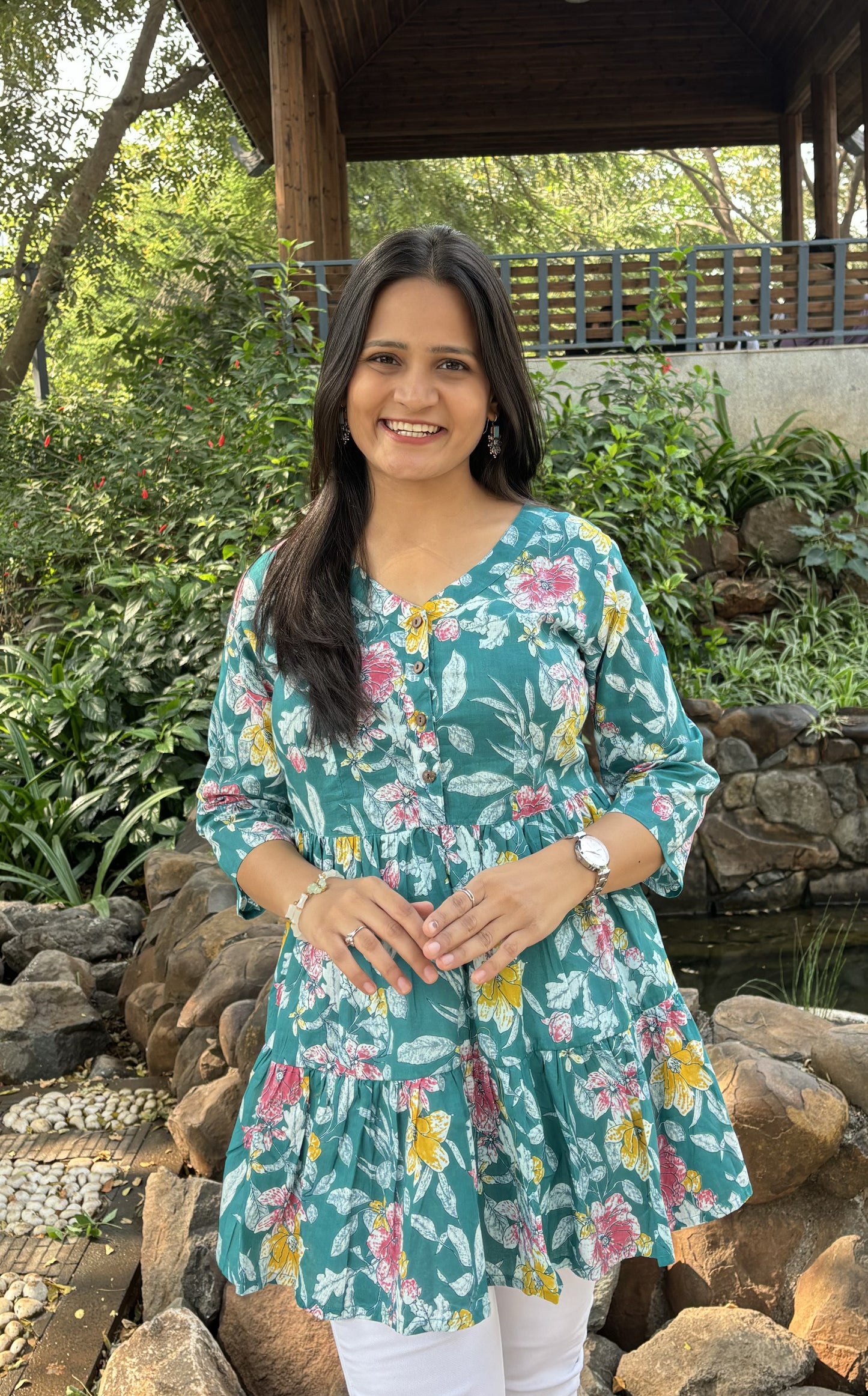 Teal Colour Floral Tunic Top with Pockets
