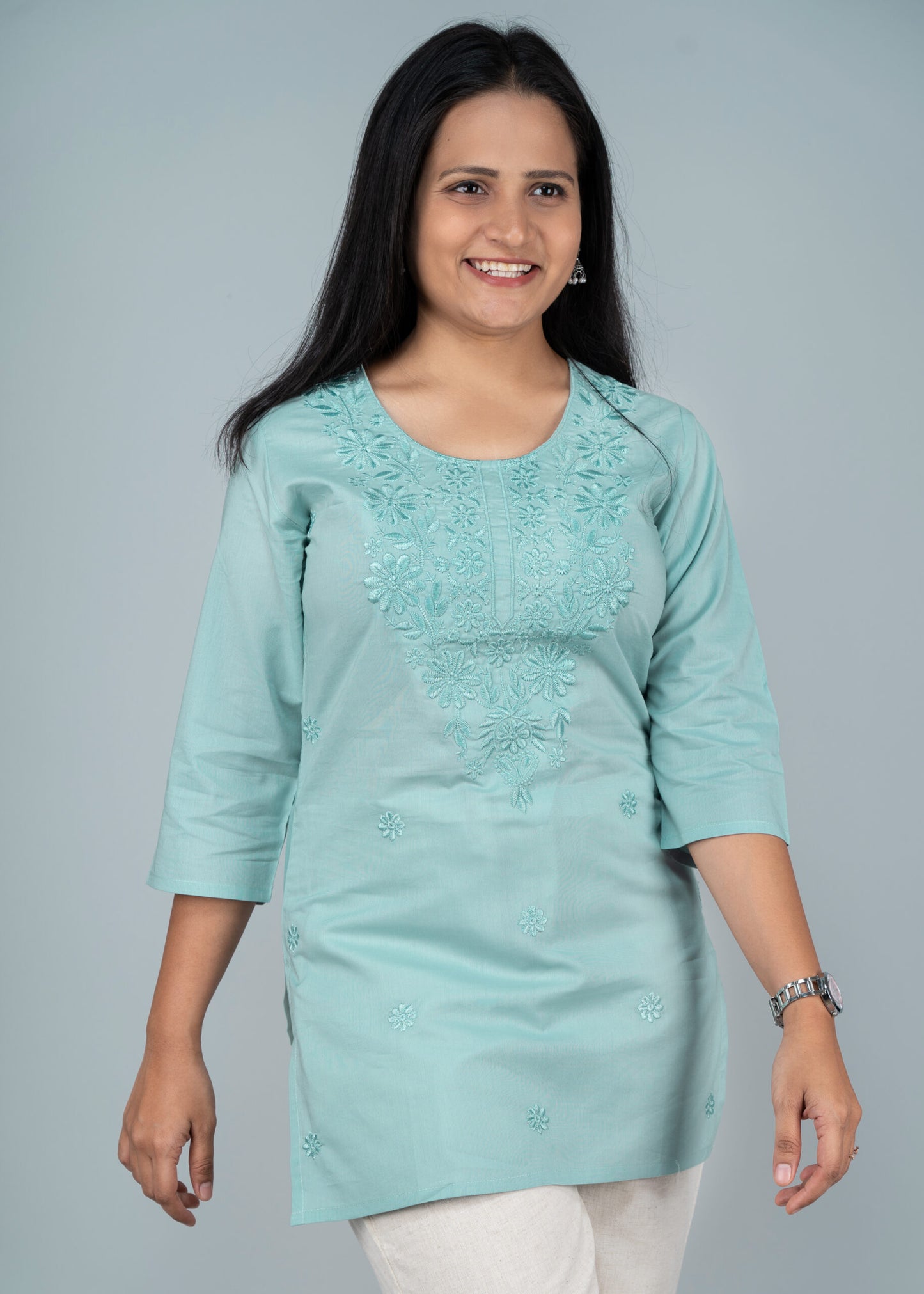 Tiffany Blue Chikankari Short Kurta