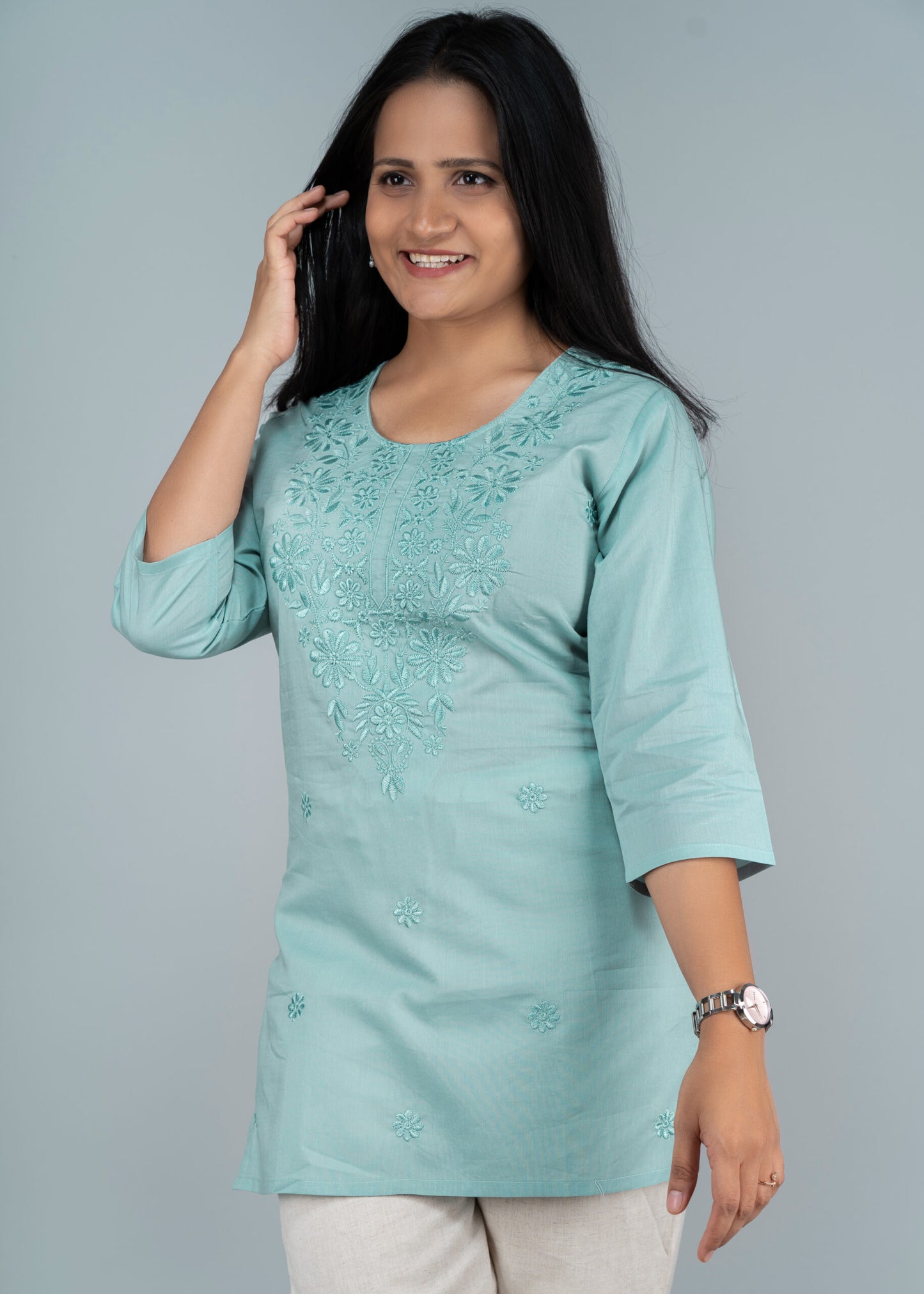 Tiffany Blue Chikankari Short Kurta