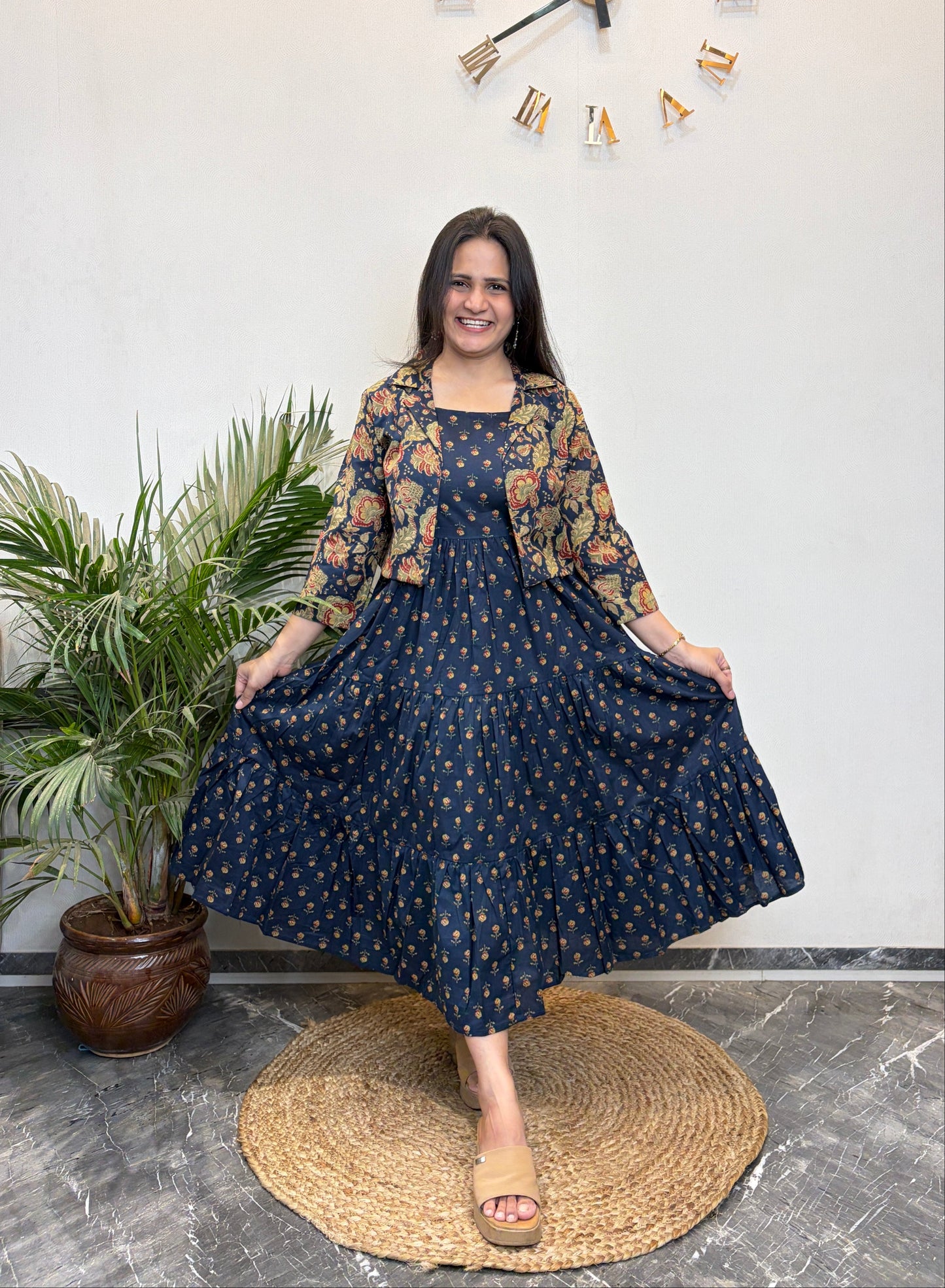 "Tisha" Floral Cotton Dress with Printed Jacket