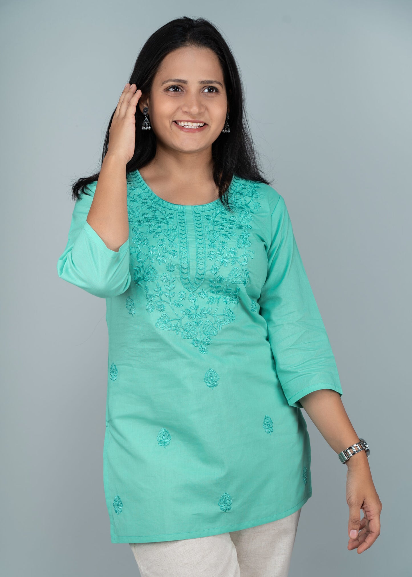 Turquoise Chikankari Short Kurta