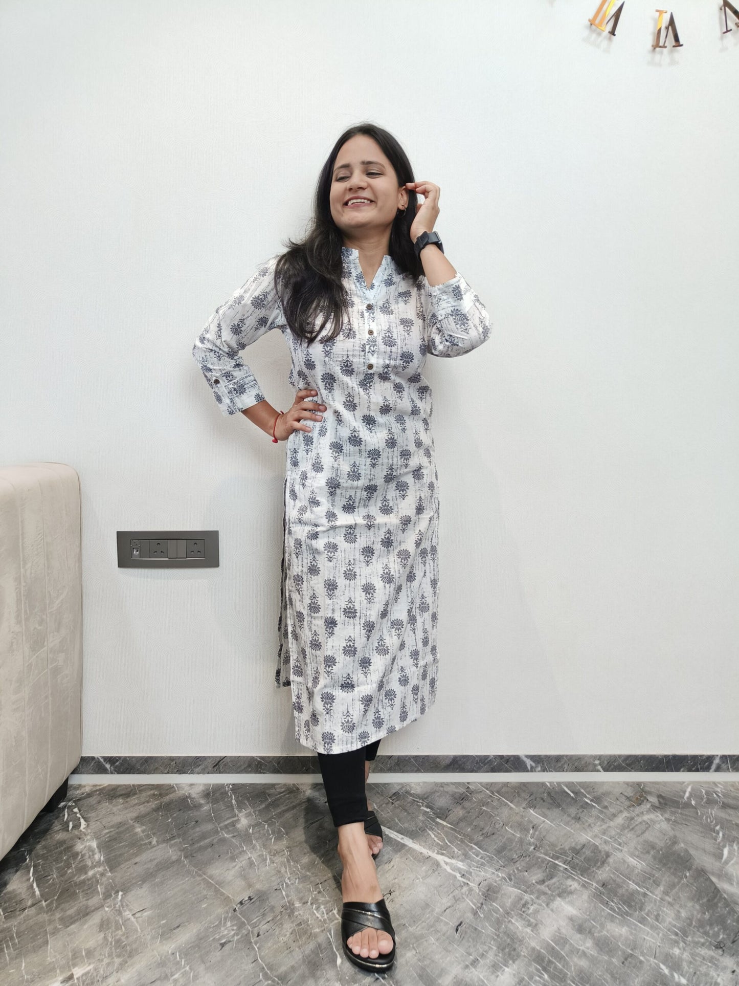 White and grey floral print long kurta