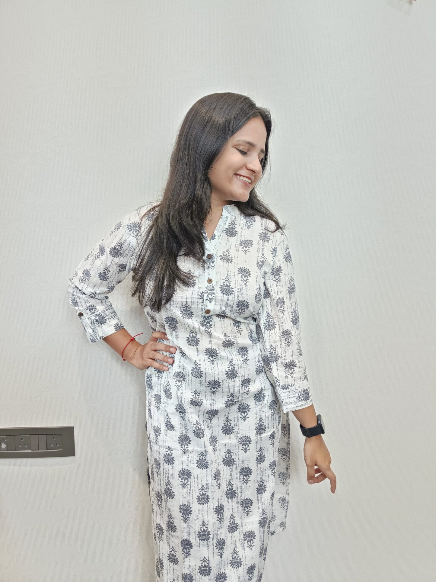 White and grey floral print long kurta