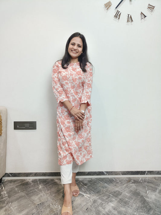 White and orange floral print long kurta