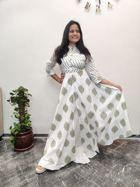 White And Green Block Printed Gown