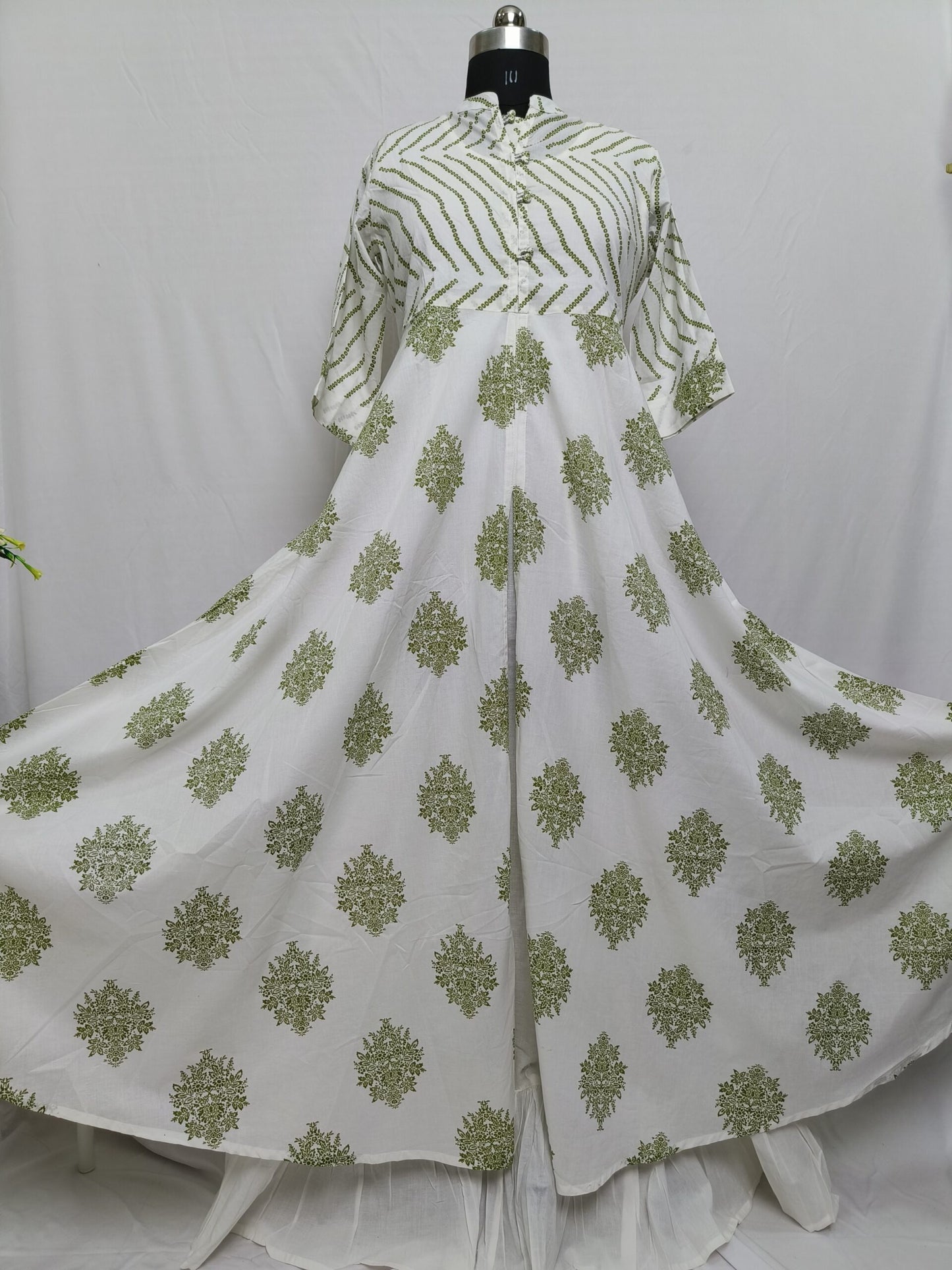 White And Green Block Printed Gown