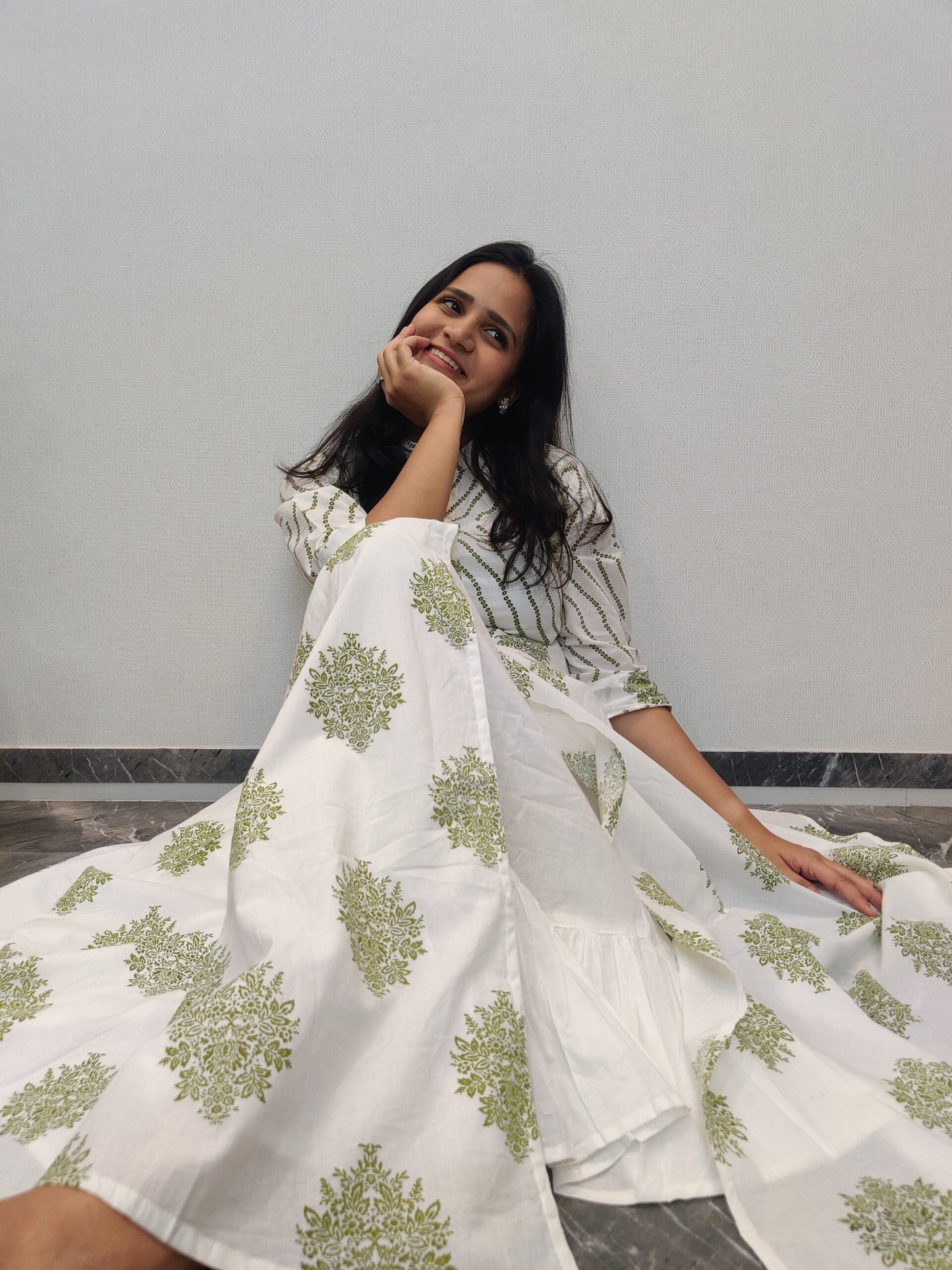 White And Green Block Printed Gown