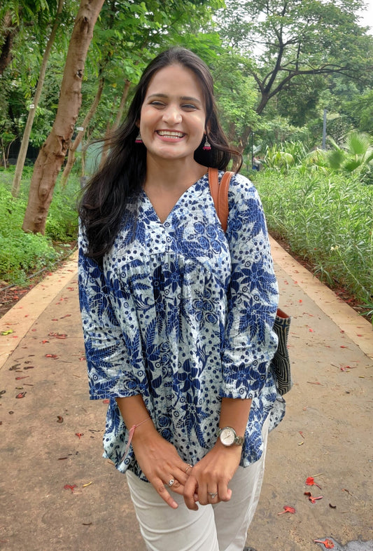 White and Blue kantha print Alia top