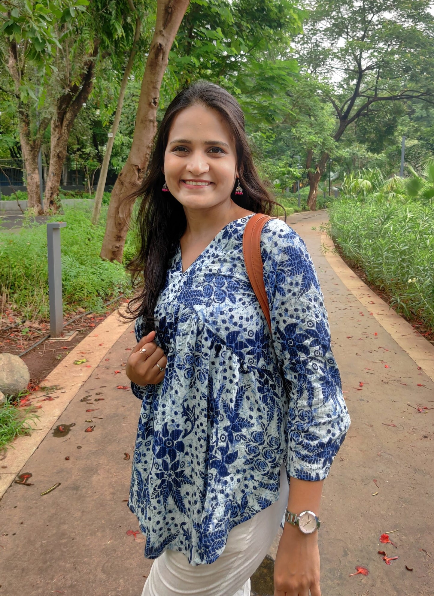 White and Blue kantha print Alia top