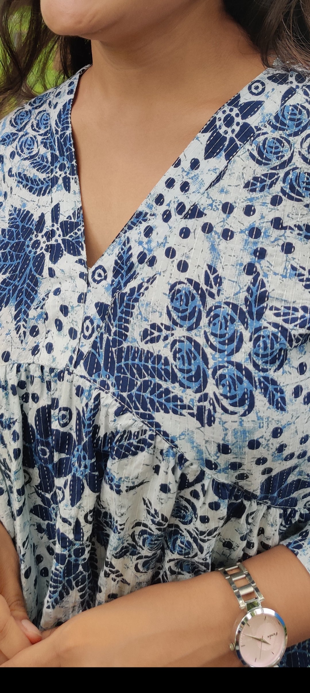 White and Blue kantha print Alia top