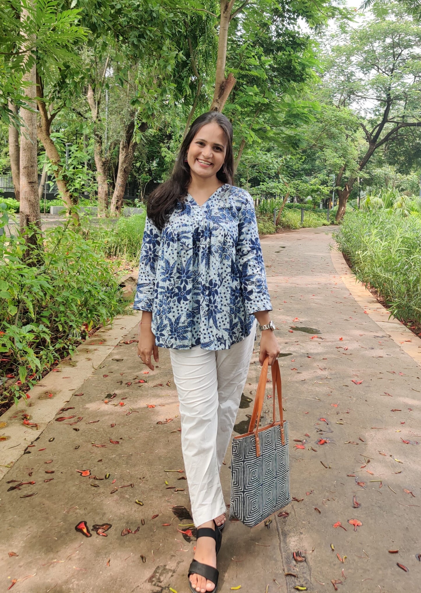 White and Blue kantha print Alia top