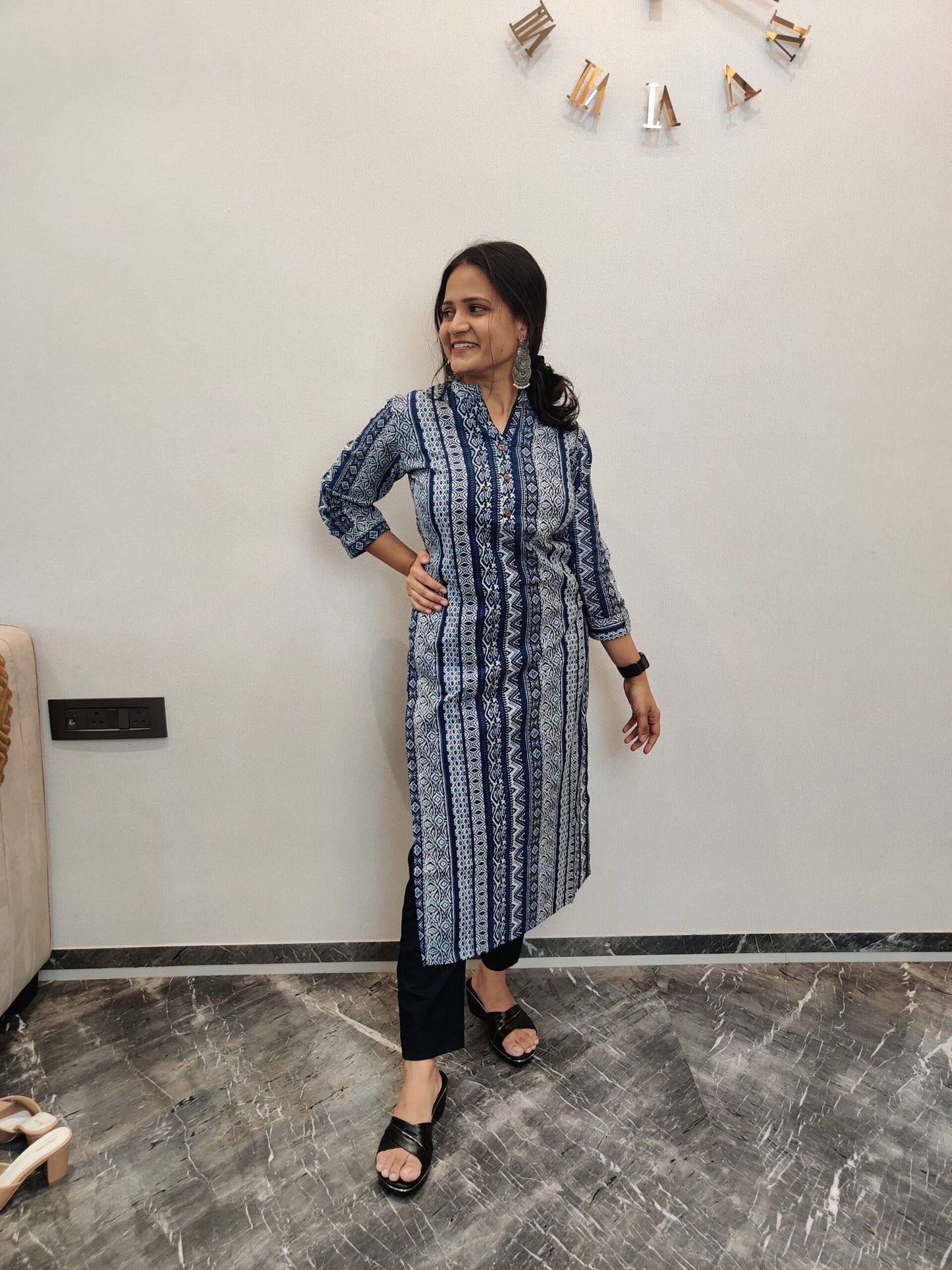 White and indigo long kurta straight motifs