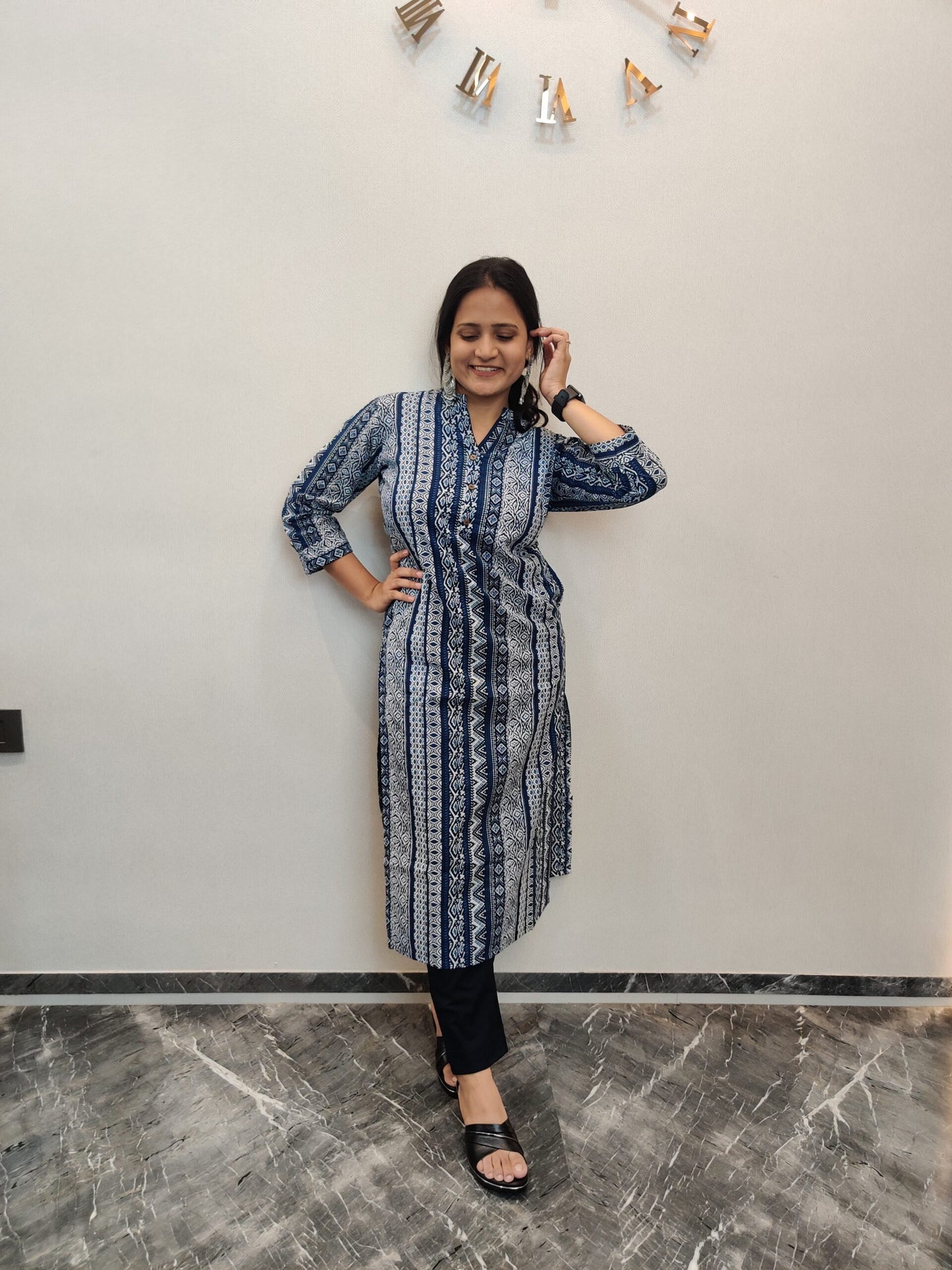 White and indigo long kurta straight motifs