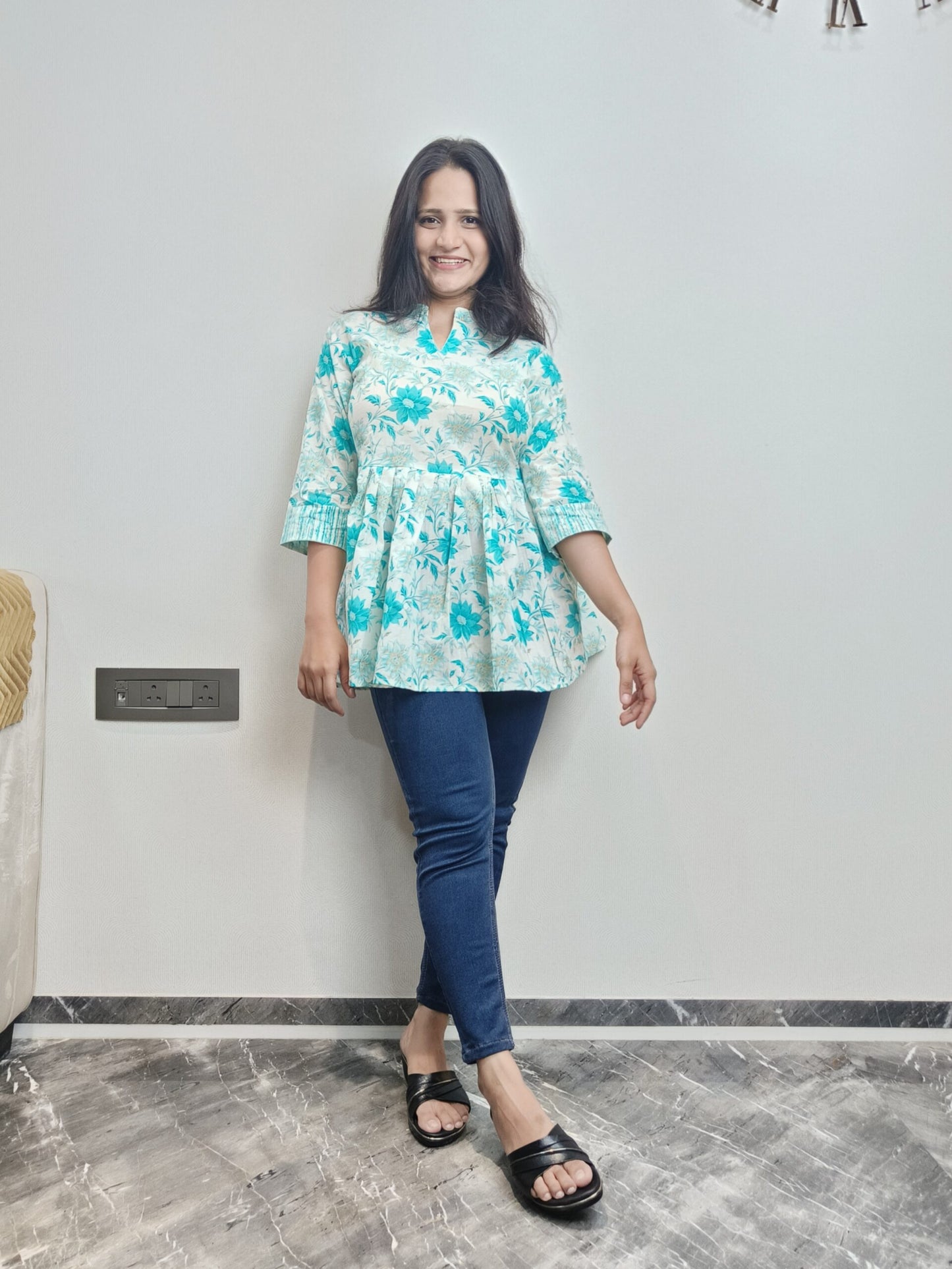 White floral print Nayra cut short kurta