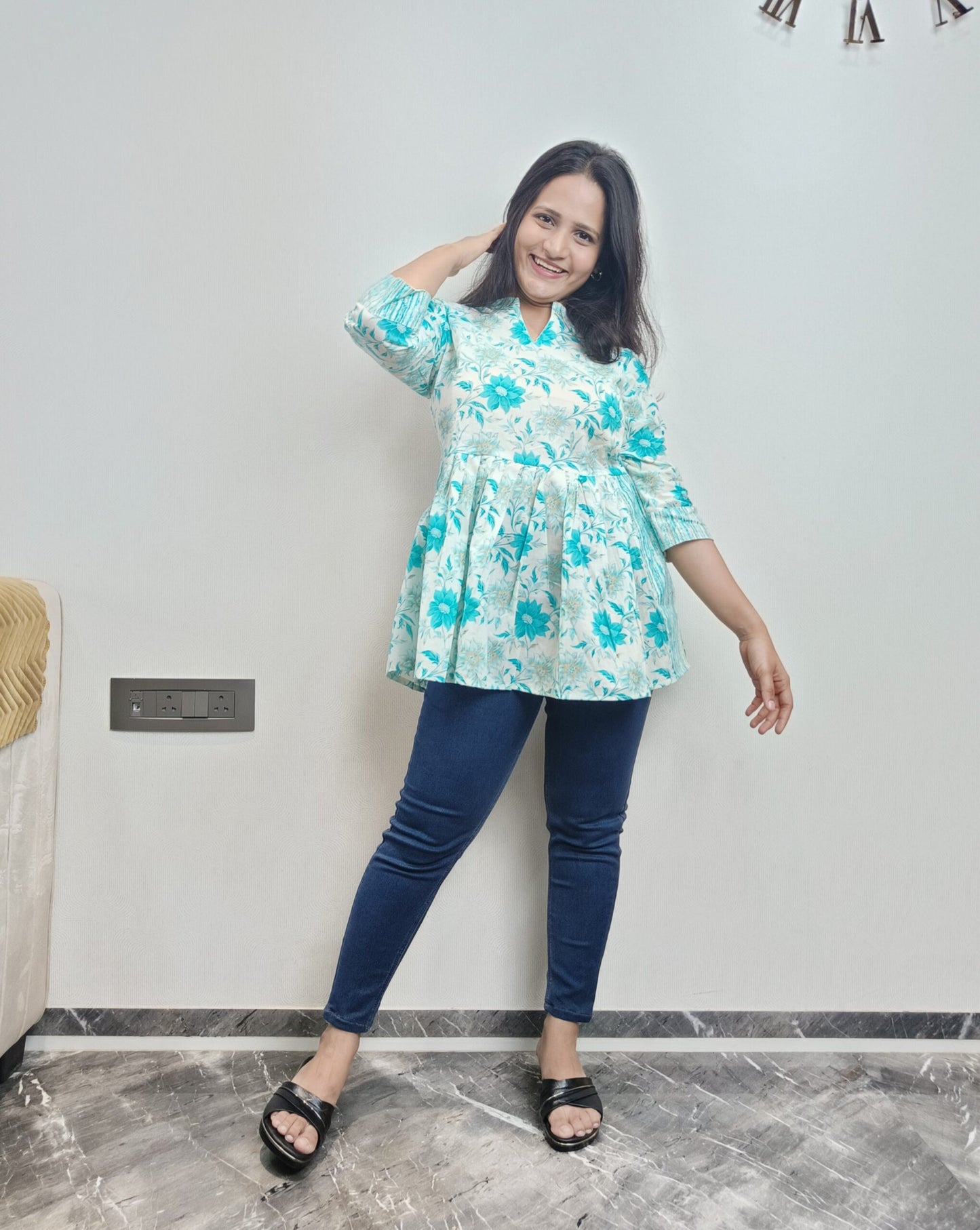 White floral print Nayra cut short kurta