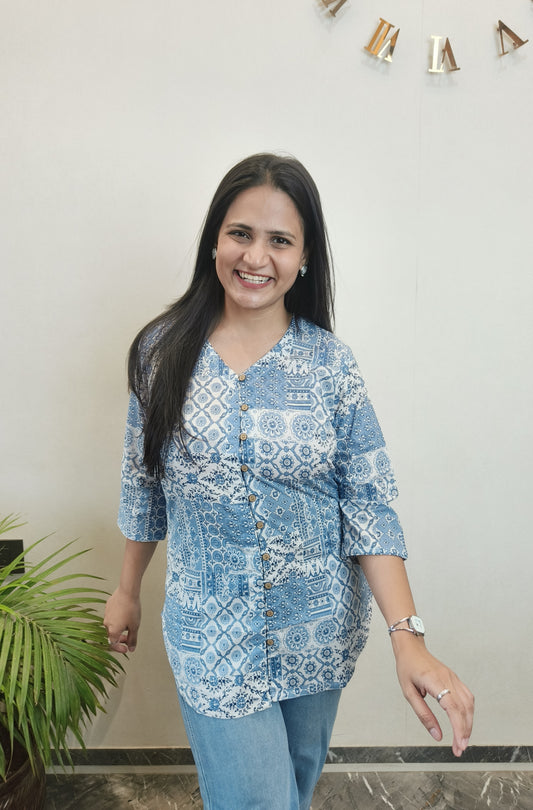 White and Blue Ethnic Motifs Shirt