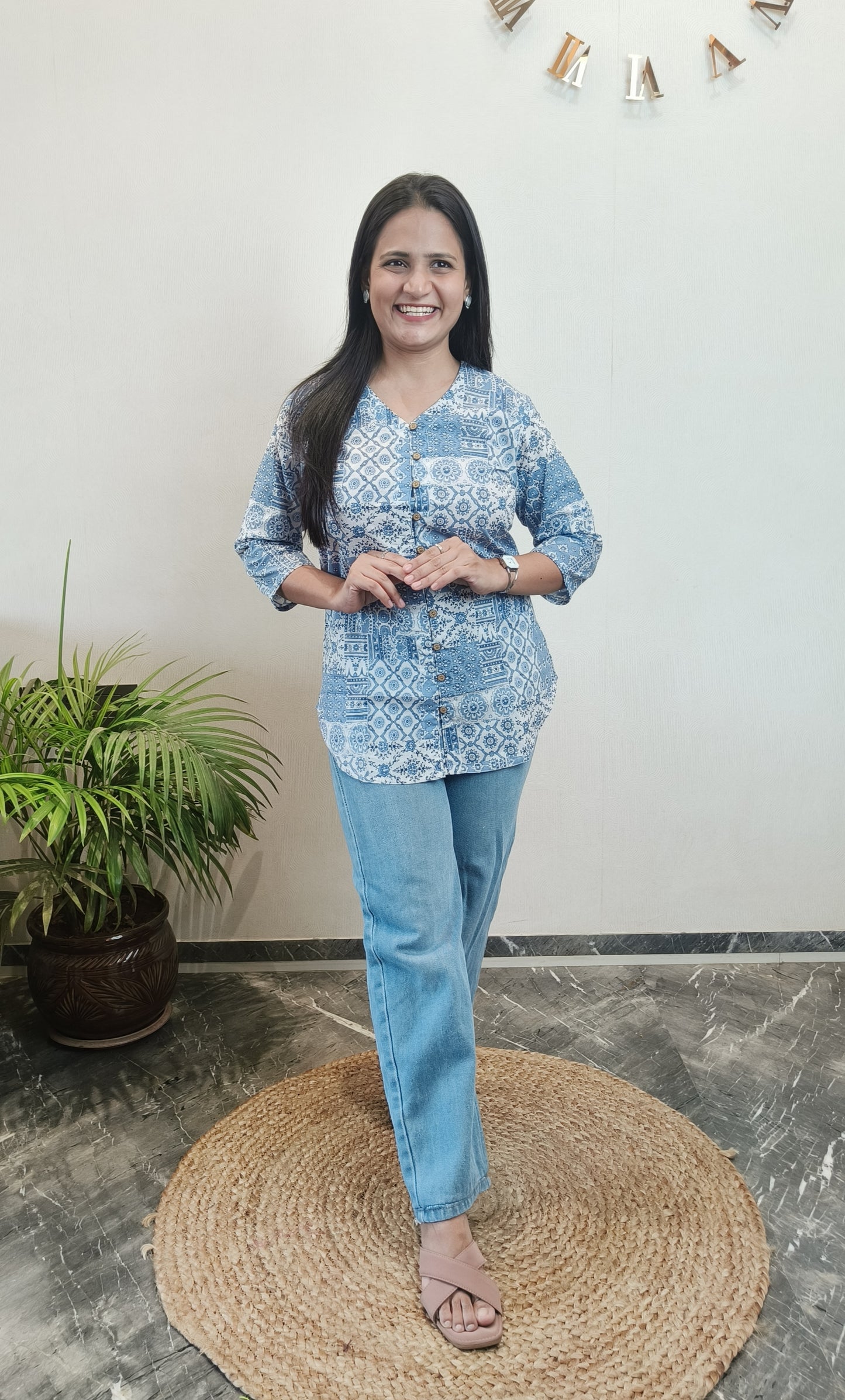 White and Blue Ethnic Motifs Shirt
