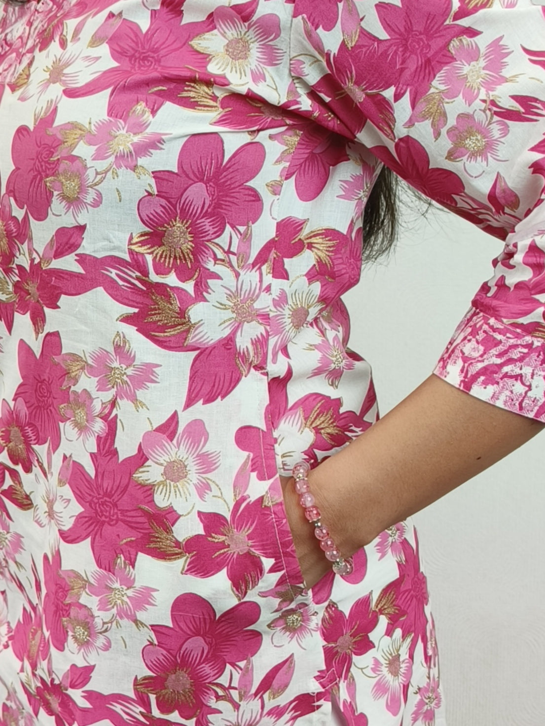 White and Pink Floral Short Kurta with pockets