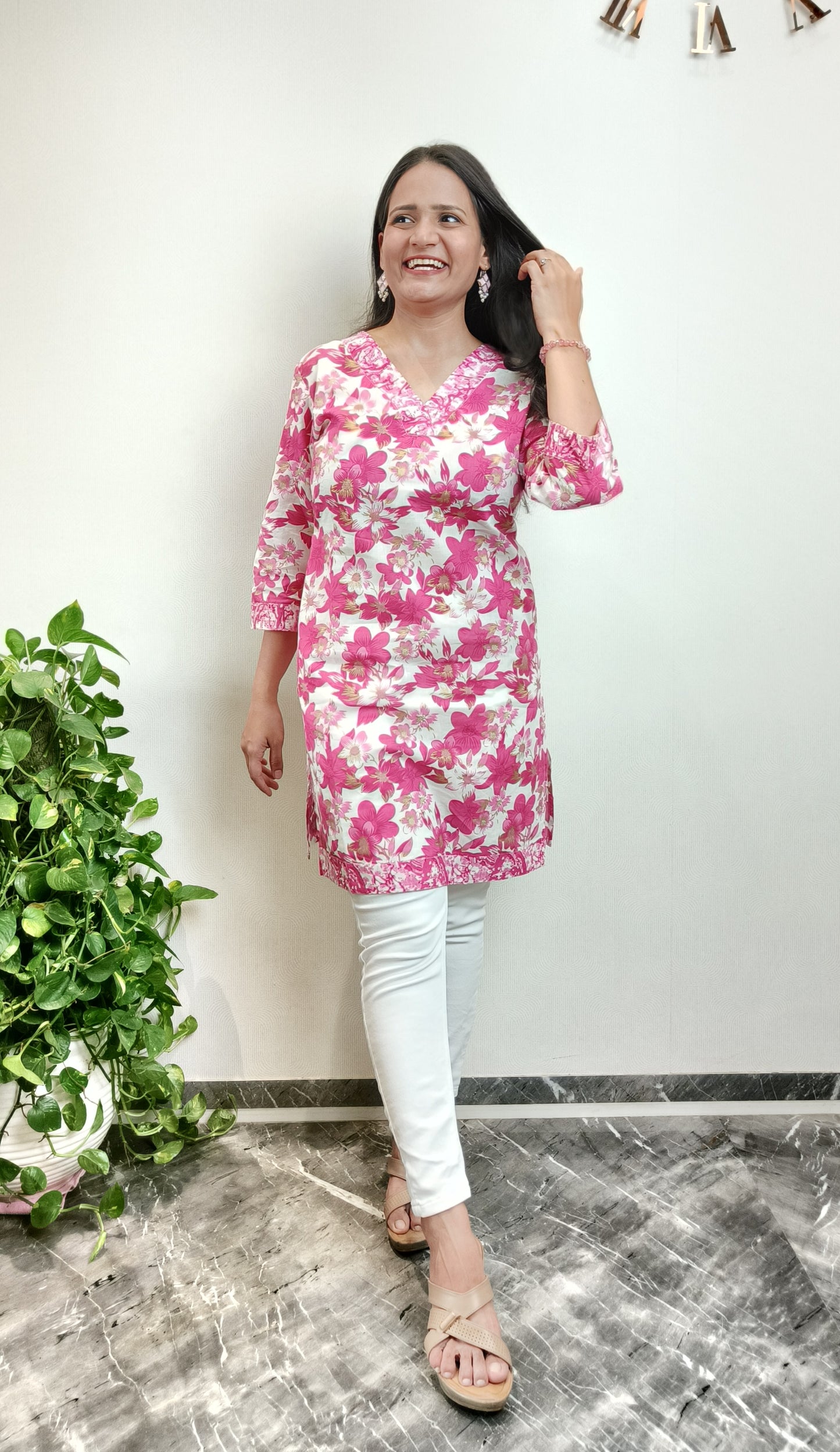 White and Pink Floral Short Kurta with pockets