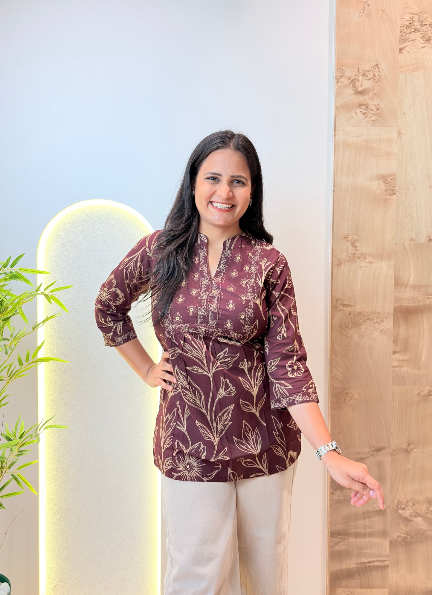 Wine Colour Floral Printed Short Kurta