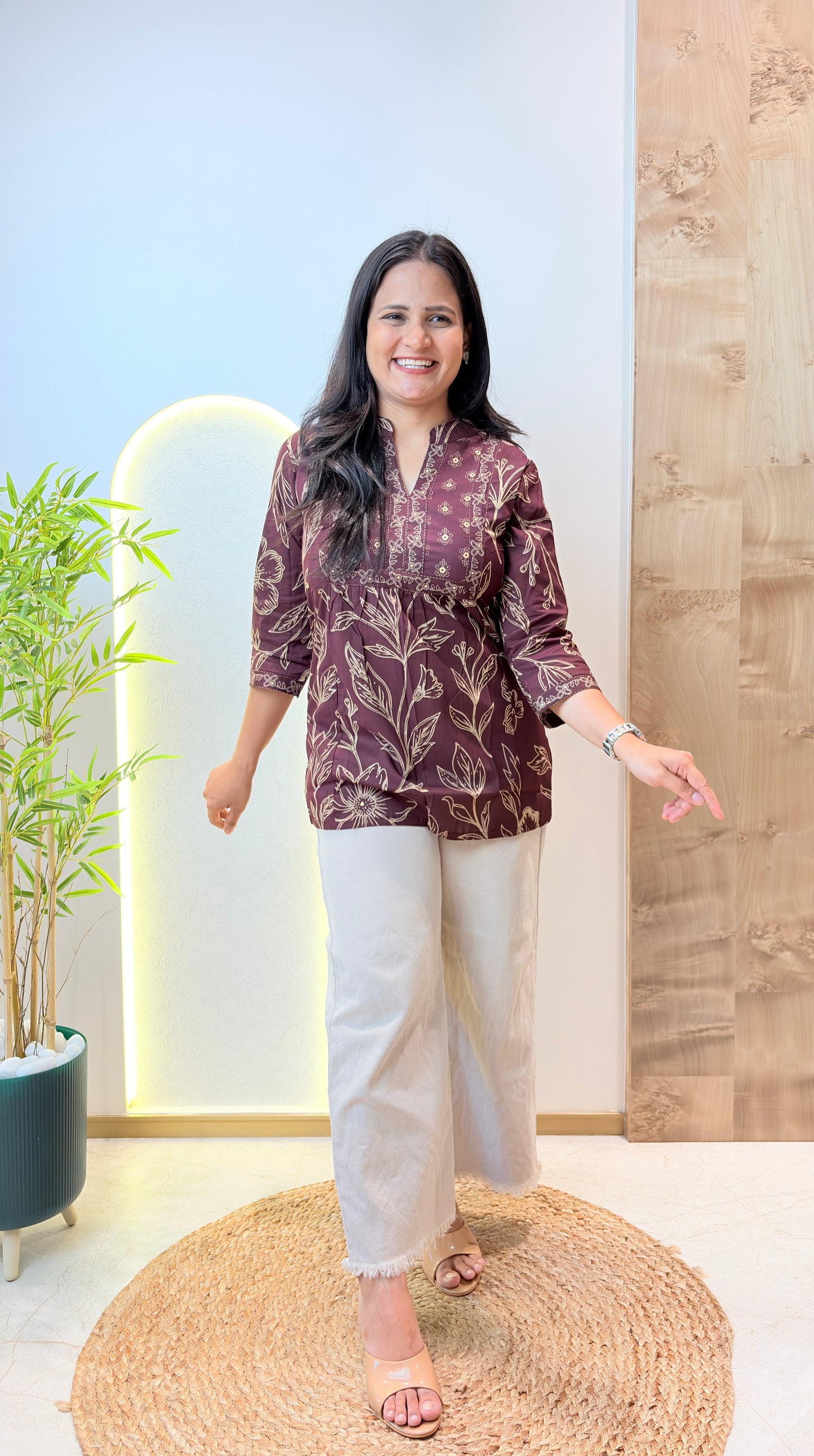 Wine Colour Floral Printed Short Kurta