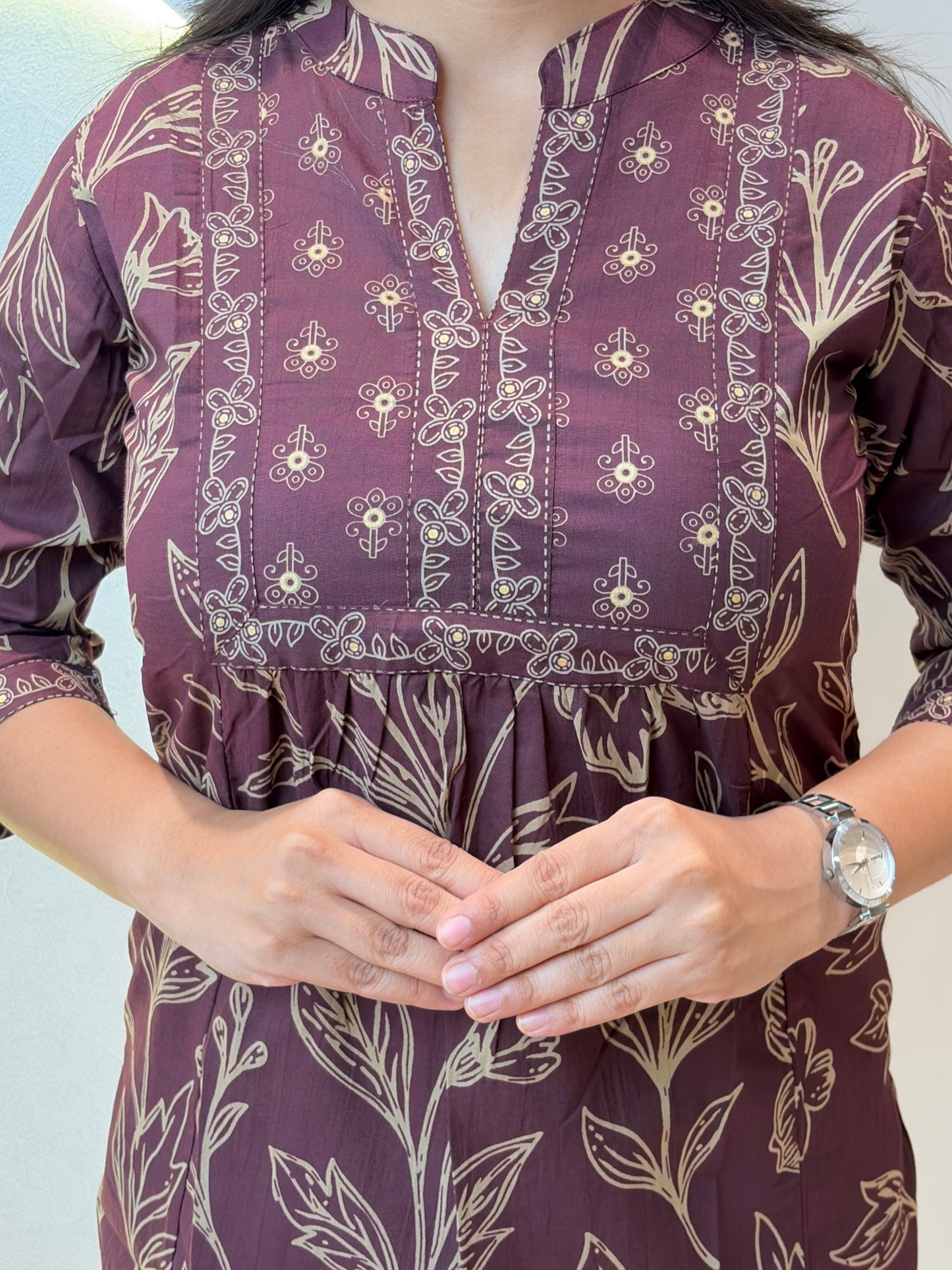 Wine Colour Floral Printed Short Kurta