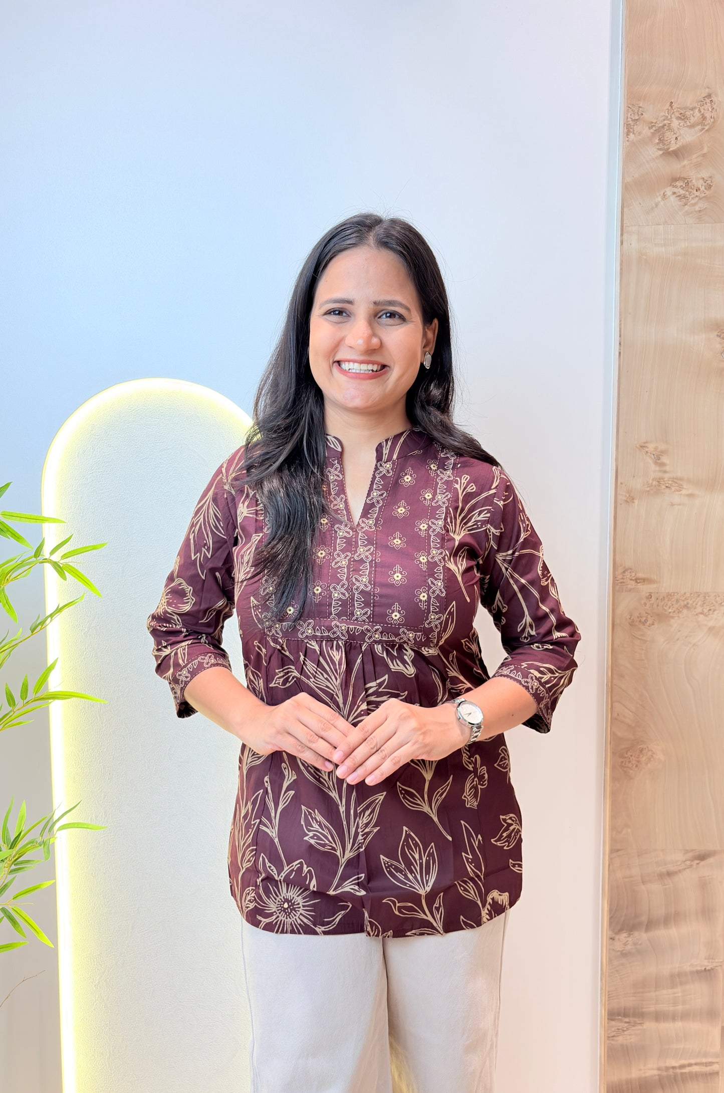 Wine Colour Floral Printed Short Kurta