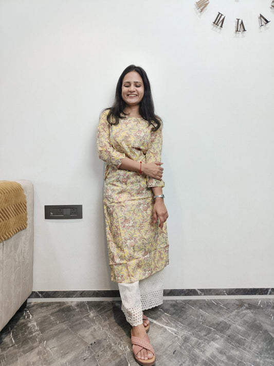 Yellow floral printed long kurta