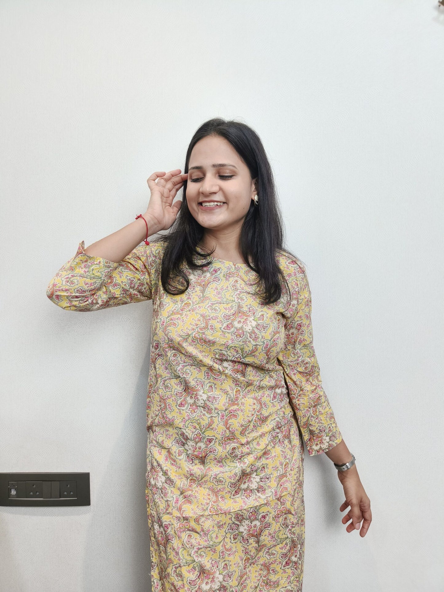 Yellow floral printed long kurta