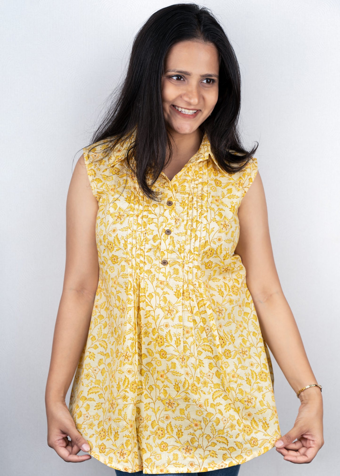 Yellow floral pintex short kurta