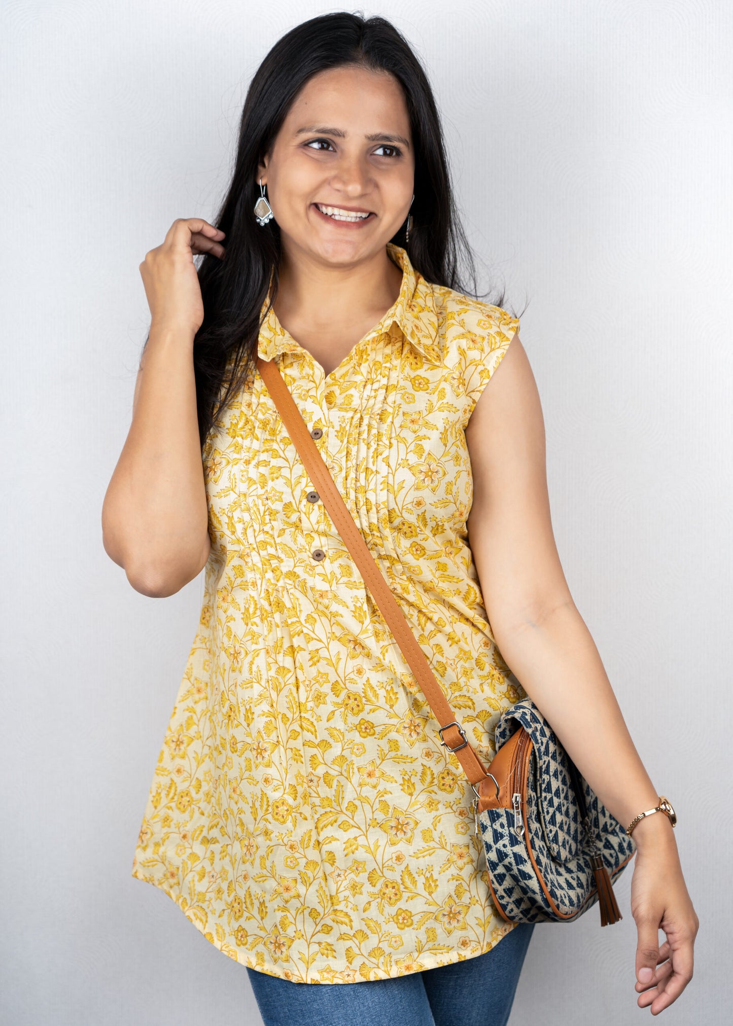 Yellow floral pintex short kurta