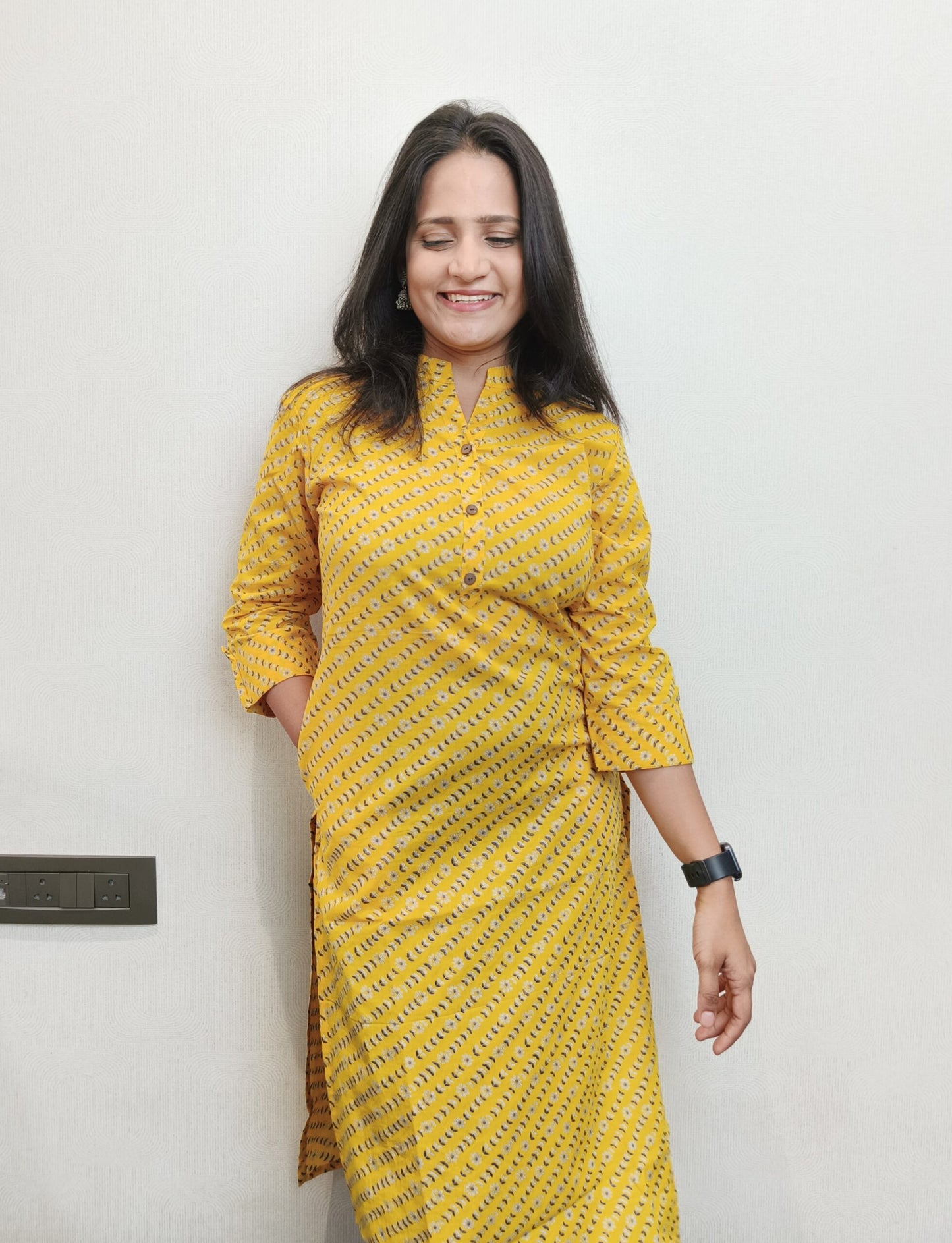 Yellow floral print long kurta