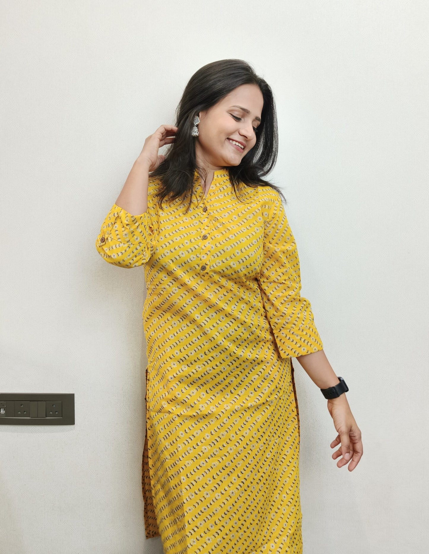 Yellow floral print long kurta