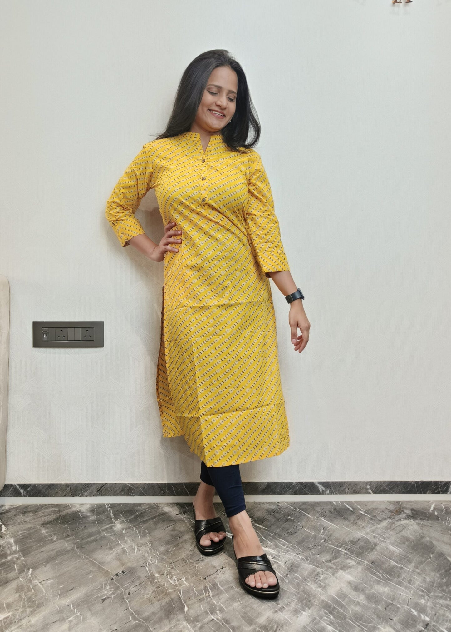 Yellow floral print long kurta