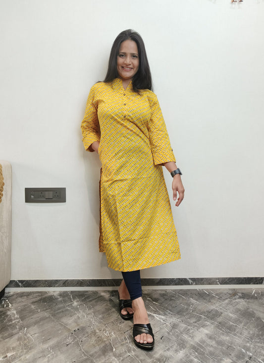 Yellow floral print long kurta