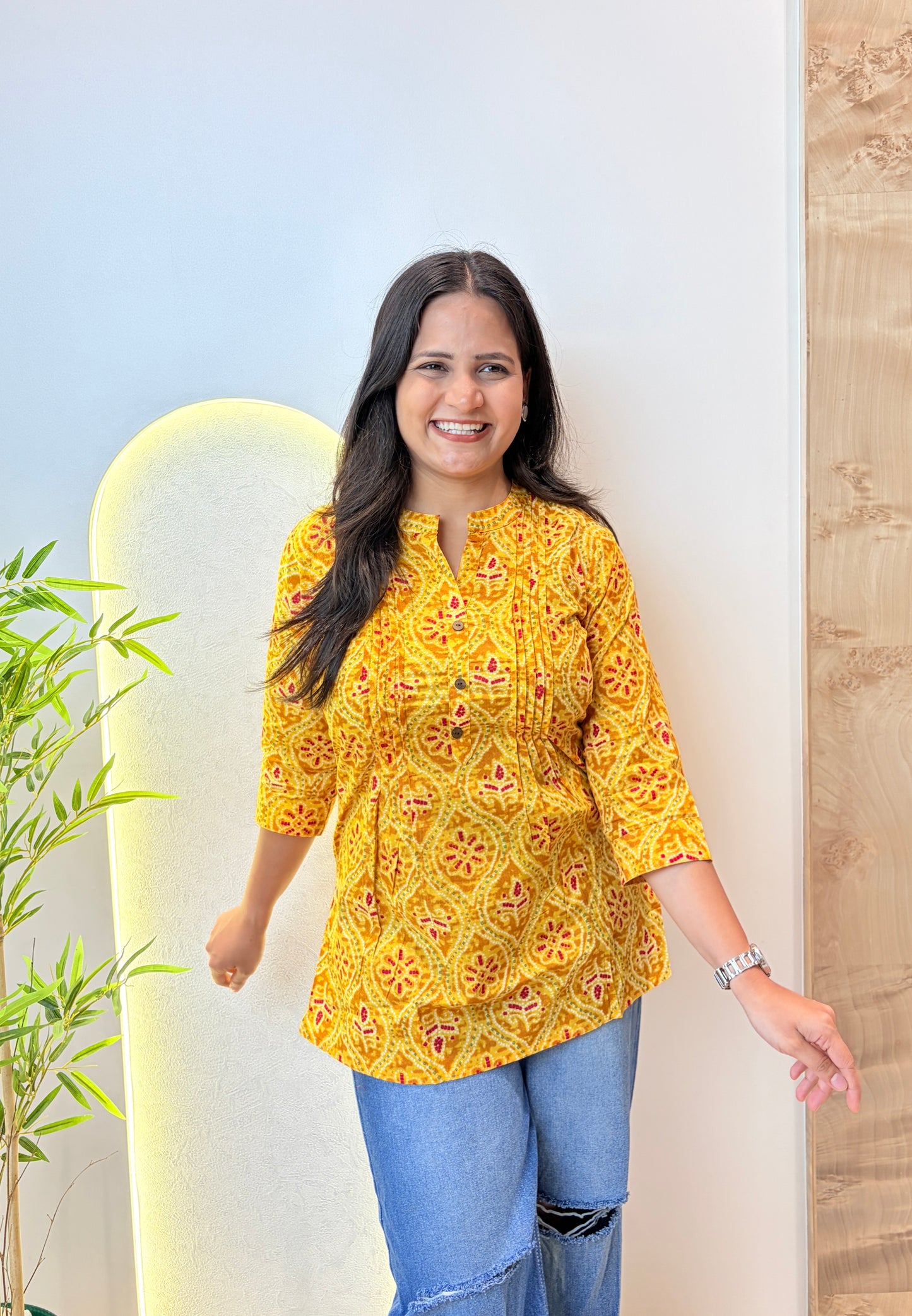 Yellow Ethnic Motif Pintex Short Kurta