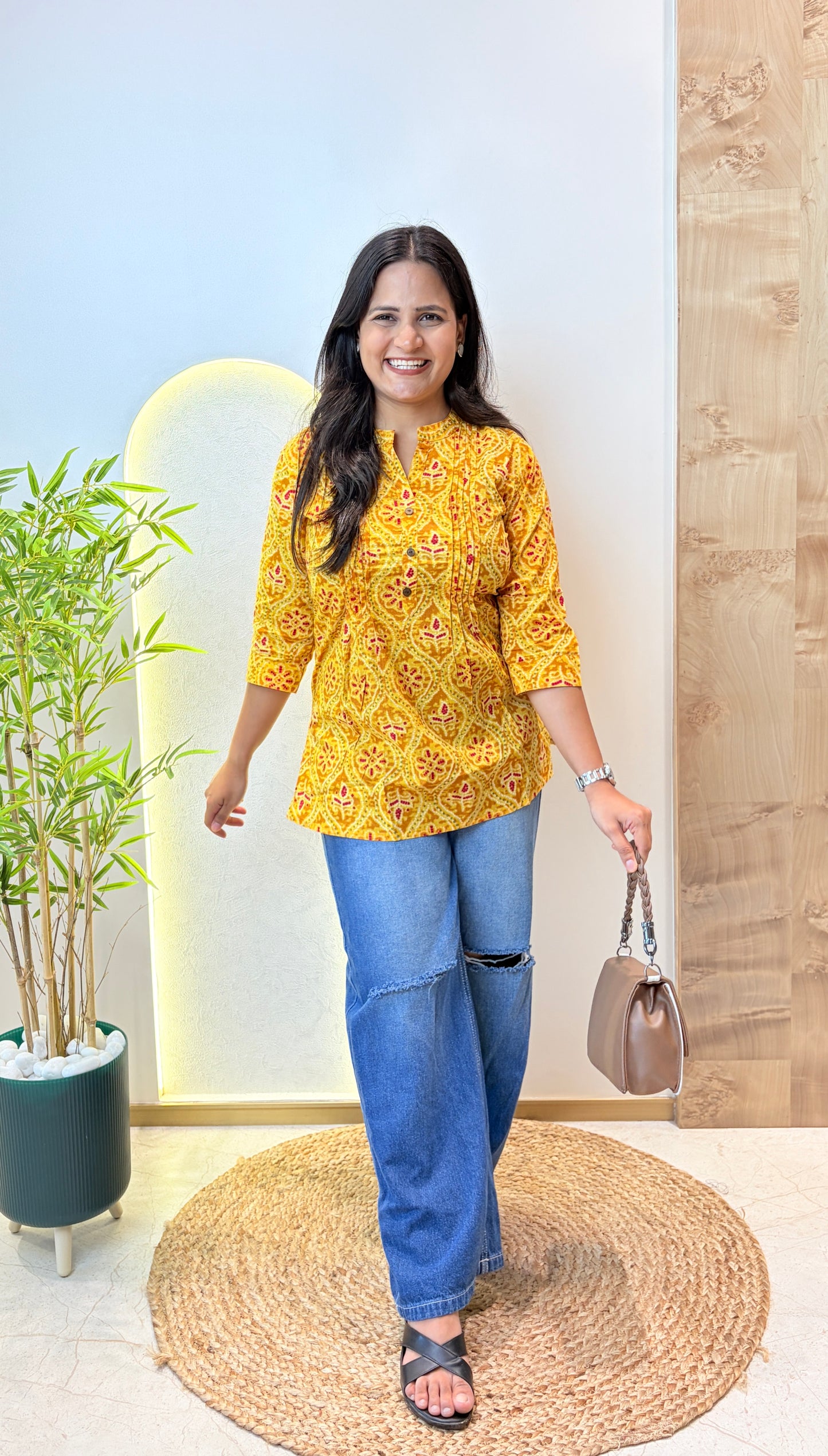 Yellow Ethnic Motif Pintex Short Kurta