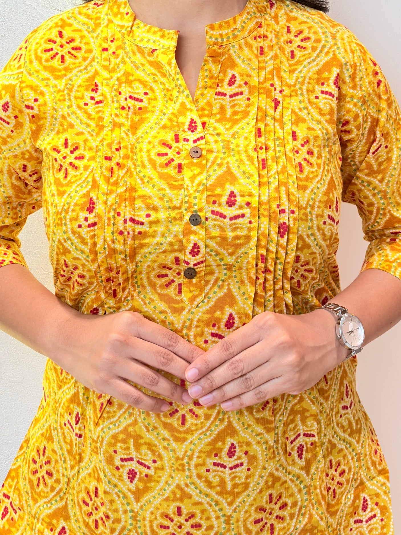 Yellow Ethnic Motif Pintex Short Kurta