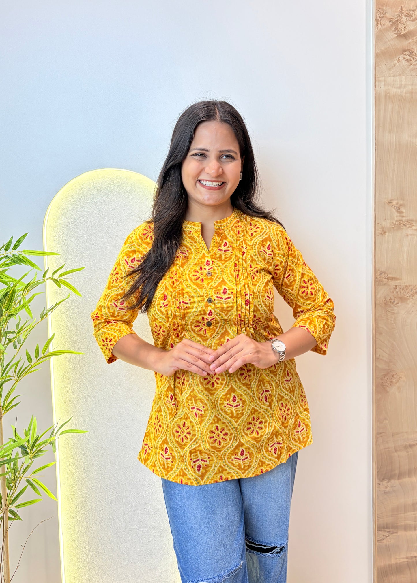 Yellow Ethnic Motif Pintex Short Kurta