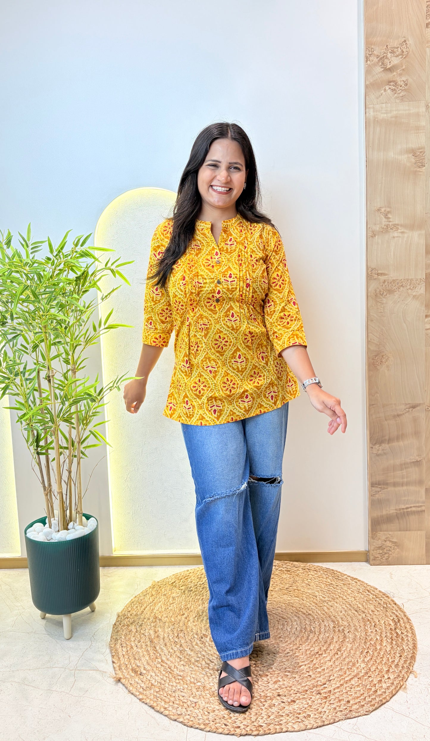 Yellow Ethnic Motif Pintex Short Kurta